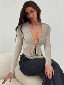 Aloruh Vrouwen V-hals effen kleur lange mouwen sexy mode T-shirt