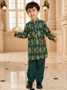 2pcs/Set Young Boy Front Button Long Sleeve All Over Print Casual Top And Pants Set - White - View 5