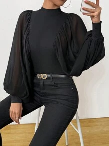 Chiquease Nouvelle blouse française de style dame élégante, sexy, semi-transparente à manches chauve-souris. Chemise en chiffon noir