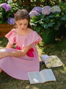 Wildeya Tween-Mädchen Elegantes, kurzes Kleid mit Blumendruck und Rüschen und Schleife, geeignet für Sommer und Frühling, ideal für Partys und den Urlaub