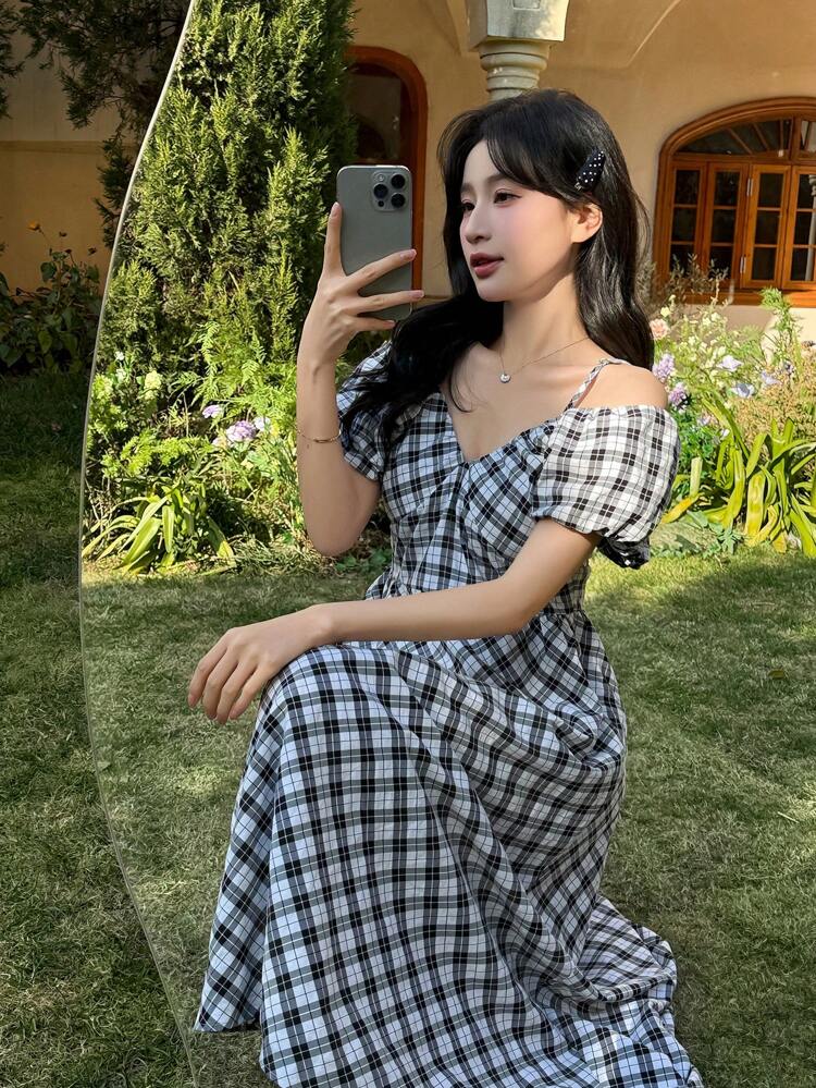 Women Plaid Camisole Midi Dress With Puff Sleeves, Casual Style,Fall Clothes Off Shoulder Boho