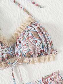 Random Paisley Print Halter Lace Trim Drawstring + Drawstring Bowknot Triangle Bottom 2pcs Women Swimwear Set, Beach Outfits For Summer Beach Vacation