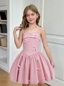 SHEIN Serisse Kids Tween Girl 优雅纯色无袖 A 字裙，带 3D 蝴蝶结装饰，可爱公主裙，粉色，适合生日派对、婚礼、情人节、法式时尚 - 粉色 - 查看 3