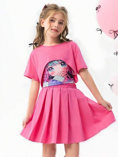 SHEIN Explorewe 3pcs Tween Girl Fashion Graphic Print Top, Comfy Shorts, And Pleated Mini Skirt Set, Suitable For Parties And Outings