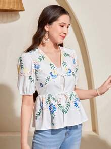 SHEIN 少女春夏花卉印花仿刺绣前胸系带泡泡袖荷叶边衬衫/度假/休闲海滨度假 - 白色 - 查看 3