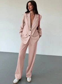 Aloruh 年轻女士简约通勤灰色纹理超大宽松长袖西装外套 - 淺粉色 - 查看 3