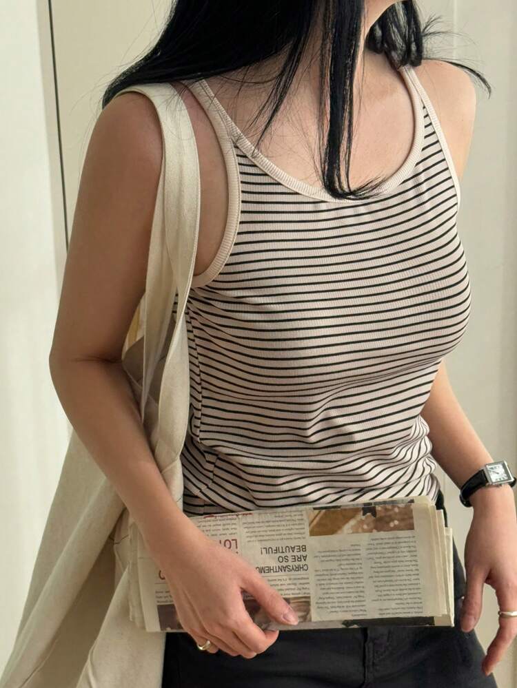 Women Crew Neck Striped Casual Tank Top, Minimalist Fashion For Daily Wear Summer