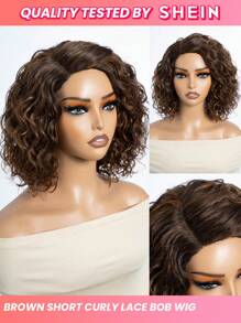 短卷发蕾丝假发 人发混合棕色侧分水波波头蕾丝前假发 10 英寸无胶可戴可戴波波头假发