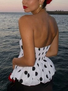 Fashionable Versatile Polka Dot Design Bandeau Top - Black and White - View 2