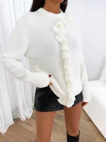 EURMUSE Women Solid Color Ruffle Hem Long Sleeve Casual Knit Sweater - White - View 5