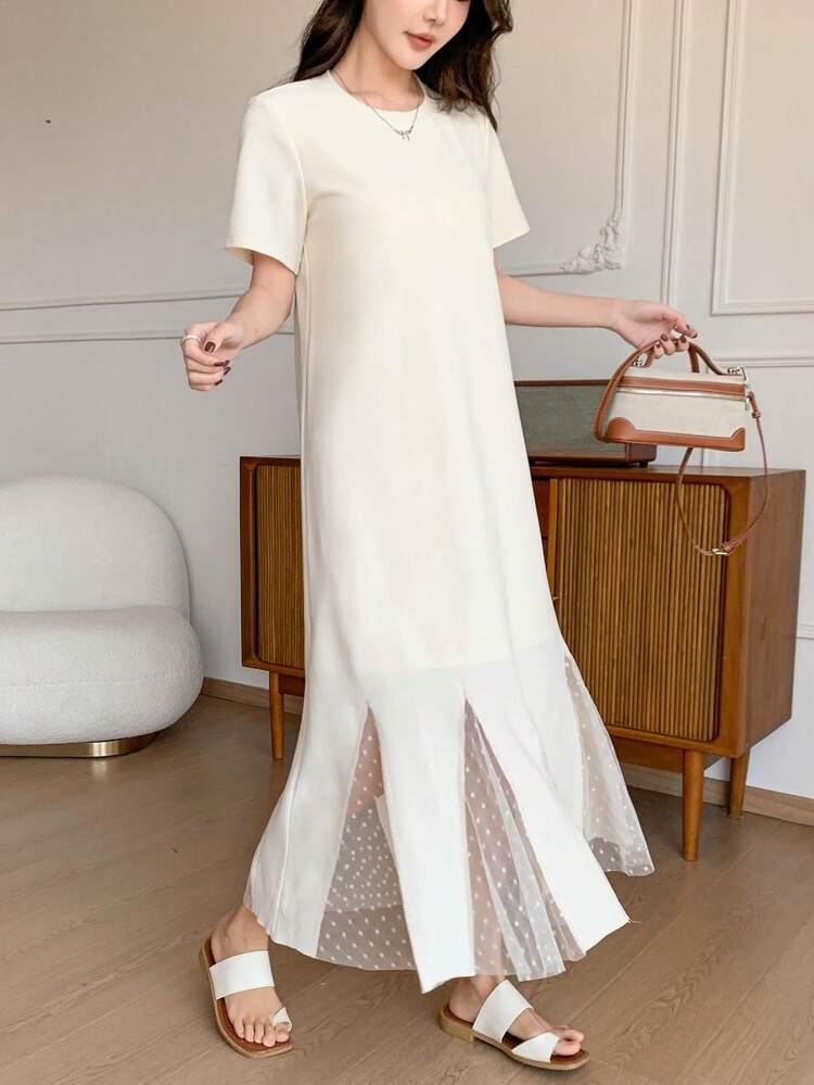 Women's Solid Color Round Neck Short Sleeve Mesh Hem Long T-Shirt Dress SunDress