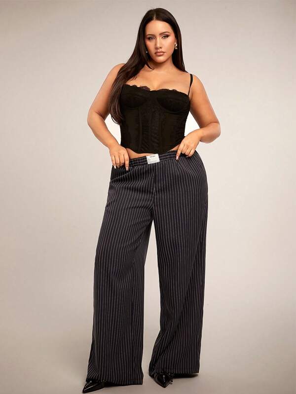 SHEIN BAE Plus Size Women's Spring/Summer High Street Casual Long Striped Wide Leg Pants, Loose & Comfortable, Chain Decoration, Low/Mid Waist Chic Girl Bottoms, Suitable For Valentine's Day, Dates, Carnival, Beach, Vacation, Back To School, Outings, Parties, Afternoon Tea, Gatherings