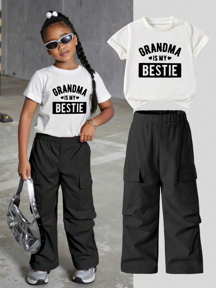 SHEIN Young Girl Crew Neck Short Sleeve Letter Print Casual Top And Cargo Pants Set - Black - View 1
