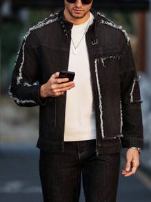 Manfinity Homme Men Patchwork Frayed Hem Zip Up Casual Denim Jacket, Fall - Black - View 3