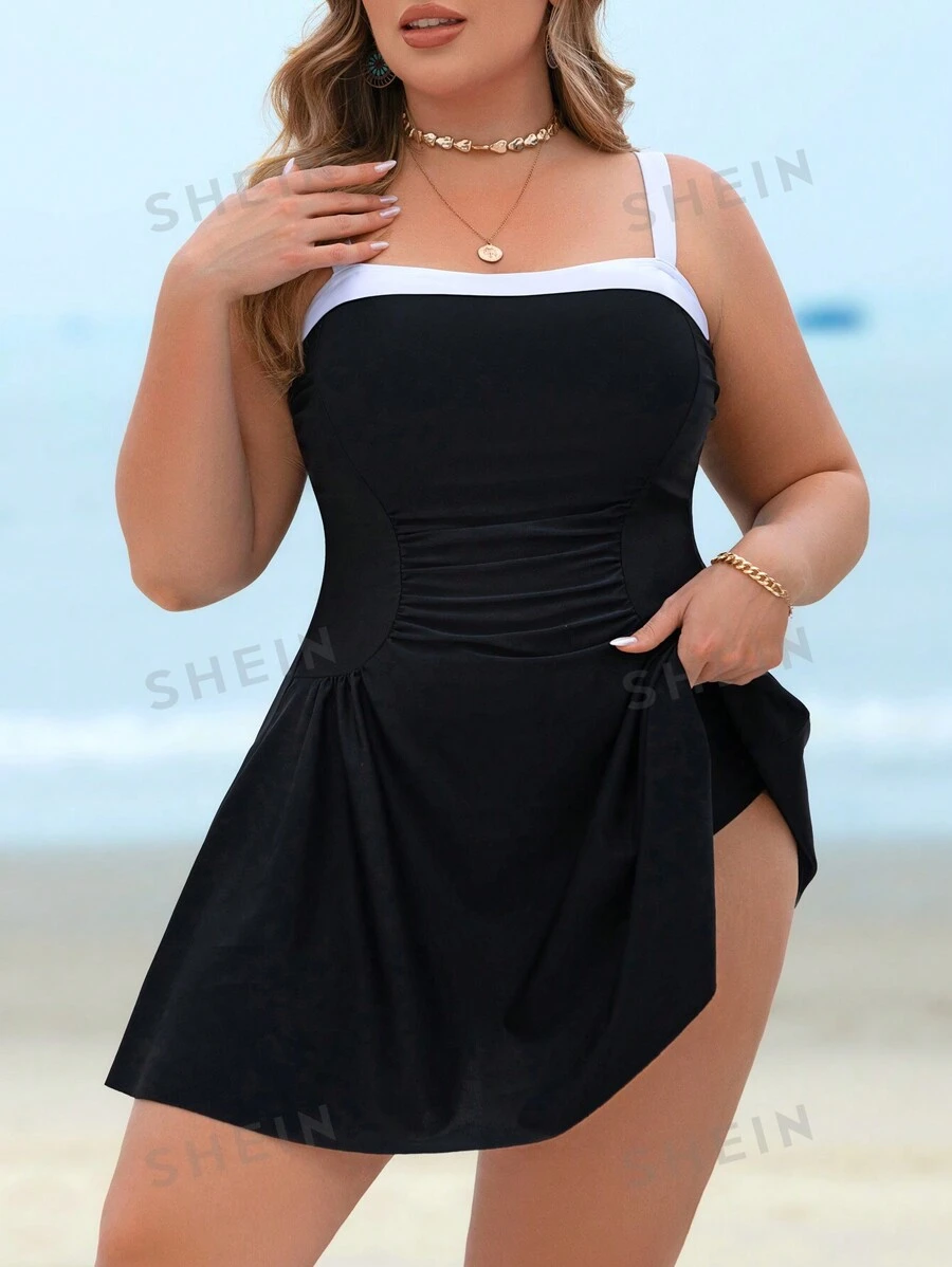 Swim Lushoire Falda elegante y sexy para la playa con bloques de color negro y blanco, plisada y con tirantes ajustables, para tallas grandes - Negro - Ver 1