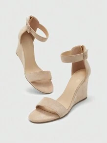 CUCCOO BIZCHIC 女士时尚杏色绒面革材质绑带踝带经典简约风格舒适坡跟凉鞋，适合通勤、约会、派对 - 杏色 - 查看 6