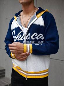 Manfinity EMRG Men's Front Zipper Long Sleeve Solid Color Patchwork Letter Graphic Minimalist Hoodie - Blue - View 5