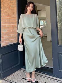 DAZY 女士圆领短袖网纱拼接休闲中长连衣裙吊带裙长款连衣裙 - 綠色 - 查看 6