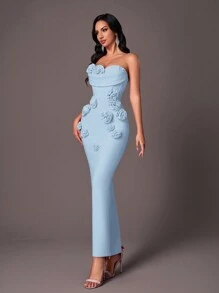 Glamrae Elegant Strapless Ruffle Neck Fishbone & 3D Flower Design Formal Bandage Evening Dress - Light Wash - View 5