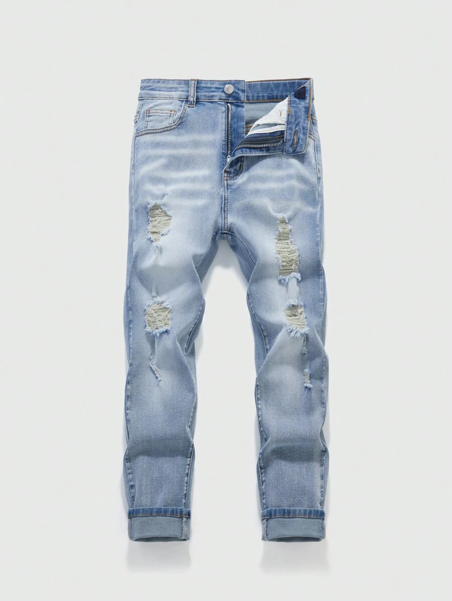 SHEIN Tween Boy Ripped Frayed Bleach Wash Jeans, School, Campus, College Chic Outfits For Autumn/Winter - Light Wash - View 1