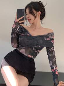 DAZY 女士花卉印花露肩修身时尚长袖 T 恤，秋季女装 - 黑色 - 查看 6