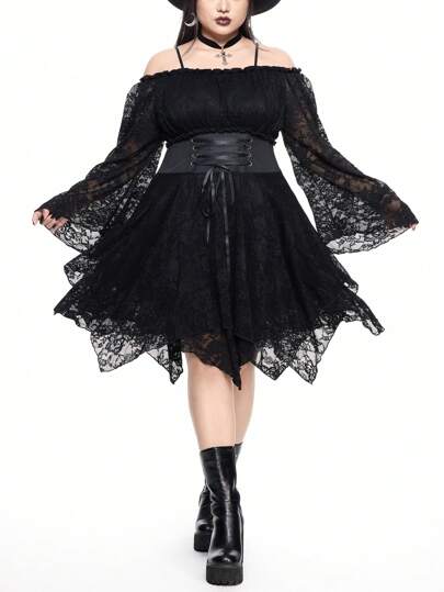 Goth Abito midi elegante e gotico da donna, taglie comode, con decorazione in vita a fiocco, orlo asimmetrico e spalle scoperte in pizzo