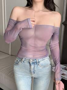 DAZY Dames Zomer Nieuwe Off Shoulder Sheer Mesh Tie Dye Blouse, Vakantiekleding