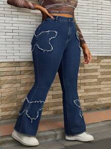 Slaydiva Plus Size Stretchy Vintage Wash Butterfly Patch Flared Jeans - Dark Wash - View 1