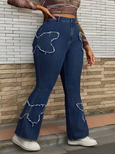 SHEIN SXY Plus Size Stretchy Vintage Wash Butterfly Patch Flared Jeans