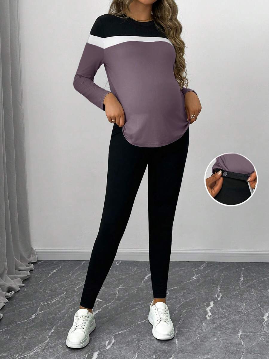 SHEIN 2pcs Maternity Solid Patchwork Round Neck Long Sleeve Top And Pants Set, Minimalist - Dusty Purple - View 1