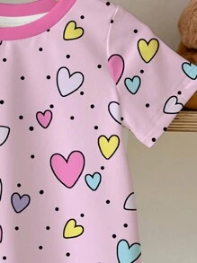 SHEIN Leap Crew Valentine's Day, Cute Hand-Painted Colorful Heart Pattern, Pink, Young Girl Casual Simple Round Neck Short Sleeve T-Shirt Suitable For Summer - Multicolor - View 5