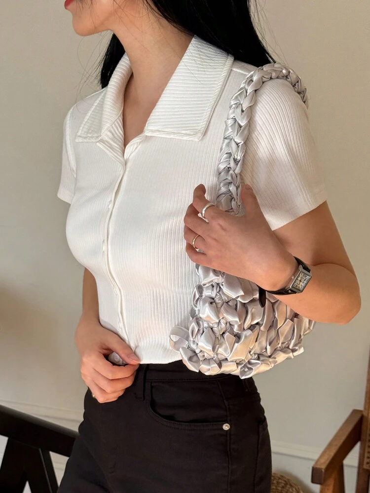 Women's Solid Color Polo Collar Casual Drawstring Short Sleeve T-Shirt