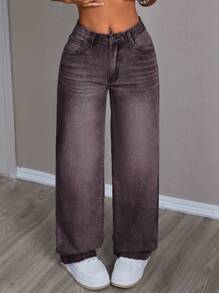 SHEIN PETITE Women's Straight Leg Pocket Loose Casual Denim Jeans, Versatile