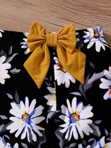 SHEIN 2 pièces Ensemble t-shirt à col volant tricoté unicolore et pantalon à fleurs ditsy pour jeune fille - Jaune citron - Voir 7