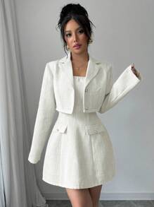Elenzga 2pcs/Set Women's Tweed Short Jacket + Strapless Mini Dress - White - View 3