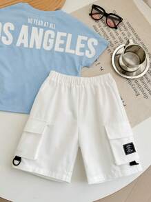 SHEIN Leap Crew 2pcs/Set Young Boys Casual Street Style Los Angeles Letter Graphic Loose Fit Crew Neck T-Shirt And Sports Shorts Summer Set - Baby Blue - View 5