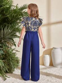 SHEIN Leap Crew Tween Girls' Print Ruffle Trim Cap Sleeve Jumpsuit, Bohemian Vacation Style, Suitable For Spring Travel & Holiday - Blue - View 3