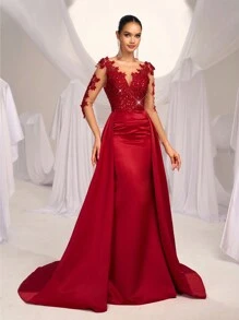 SHEIN Belle Gorgeous And Elegant Red Sequin Splicing Satin Mesh Appliques Long-Sleeved V-Neck High Waist Slim Fishtail Splicing Exaggerated Floating Pieces Wedding Guest Dress, Suitable For Dinner Bachelor Party Date Birthday Wedding Event Prom Homecoming Season Valentine's Day Evening Dress, Formal Dress,Gown