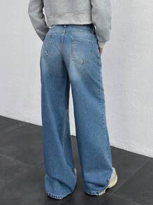 EURMUSE %100 COTTON WOMAN LOW WAIST WIDE LEG JEAN - Medium Wash - View 2