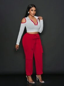 Slaydiva 2pcs/Set Women Casual Color Block Trim Off Shoulder Crop Top And Pants