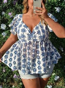 Flirla Blusa Peplum Amassada Boêmia Romântica para Férias, Plus Size, para Verão - Multicolorido - Visão 4
