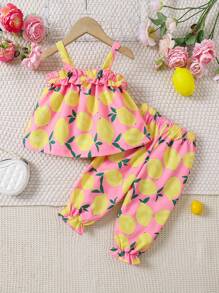 SHEIN 2 件装婴儿/女婴柠檬印花荷叶边吊带背心搭配南瓜裤套装，适合夏季海滩度假 - 粉色 - 查看 2