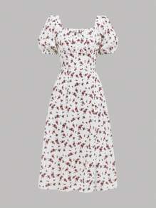 SHEIN Girlism Teen Girls' Floral Print Lantern Sleeve Square Neck Casual Split Hem Dress - Red - View 4