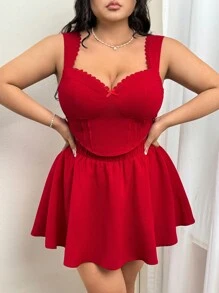 SHEIN ICON Plus Size Sweetheart Neck Lace Trim Fitted Top & A-Line Skirt 2 Pieces Set, Princess Dress, Suitable For Valentine's Day - Red - View 1