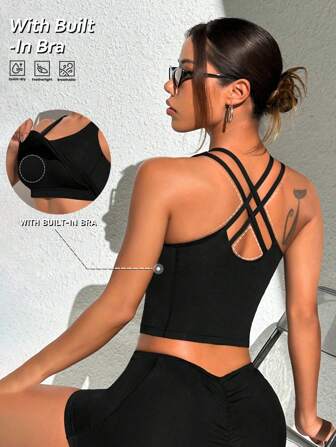 SHEIN Sport Studio Solid Color Sporty Crop Top With Built-In Bra And Airport Outfit Fitted Shirt Bra Strappush Up Sports Brabackless Sports Brabra Strapssports Bra For Workout