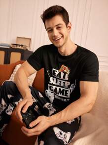 Men's Pajama Set, Printed Short Sleeve Top And Long Pants - Multicolor - View 7