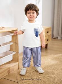 Cozy Pixies 2pcs/Set Baby Boy Decorative Pocket Knitted Soft Round Neck Raglan Short Sleeve Pullover Top And Striped Pants Set - Multicolor - View 5