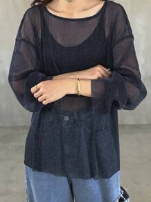 FRIFUL Women's Loose Sheer Round Neck Long Sleeve Cropped Top, Sexy Party Style For Summer Music Festivals - Navy Blue - View 3