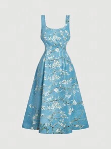 SHEIN MOD 大码夏季复古浪漫杏色花朵印花连衣裙