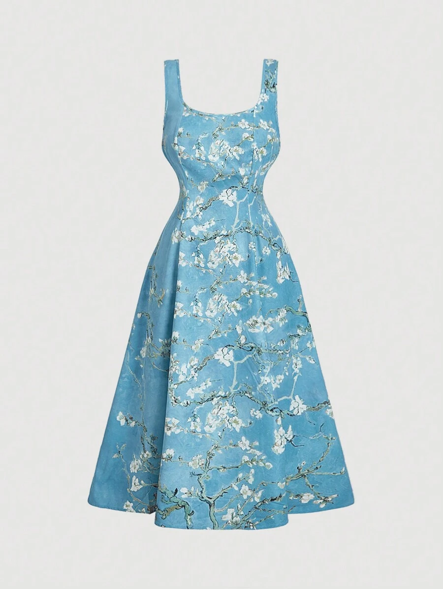 SHEIN MOD 大码夏季复古浪漫杏色花朵印花连衣裙